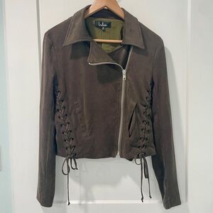 Brown Dark Olive Corset Lace Up Zip Suede Moto Jacket Bella Swan Twilight (M)